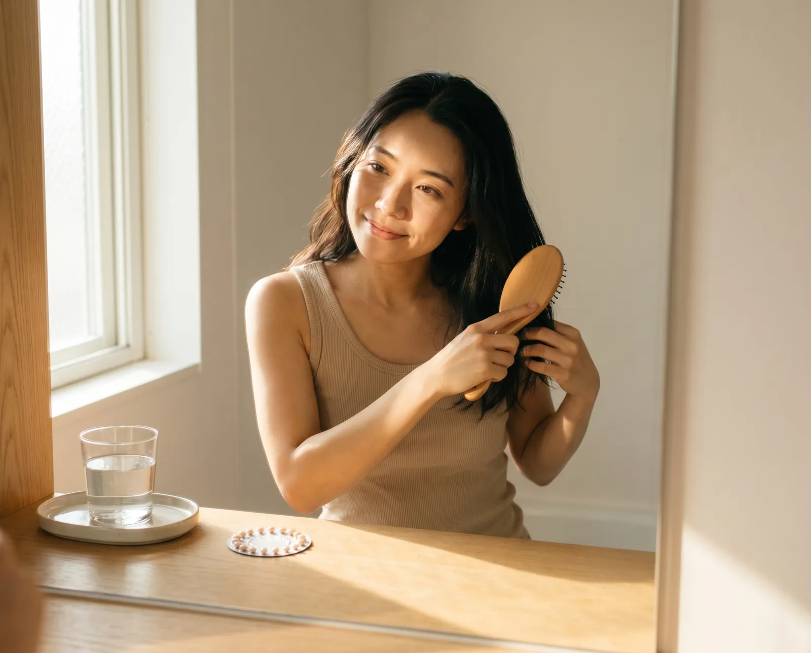 朝の光が差す部屋で、鏡の前で髪をとかす女性